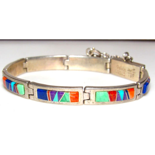 Navajo Inlay Link Bracelet Sterling Silver Calvin Begay 