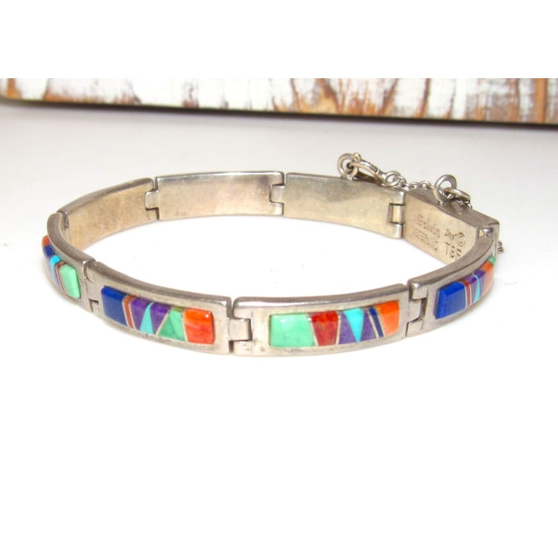 Navajo Inlay Link Bracelet Sterling Silver Calvin Begay 