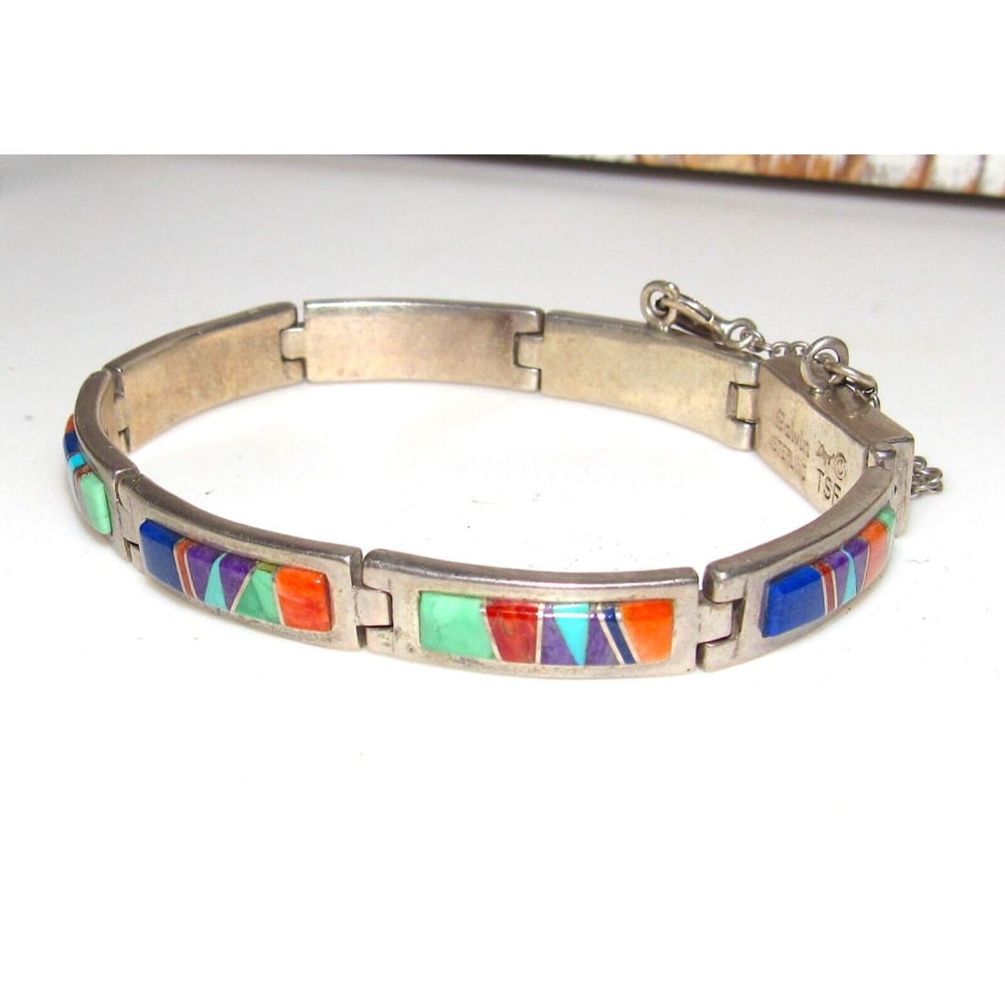 Navajo Inlay Link Bracelet Sterling Silver Calvin Begay 