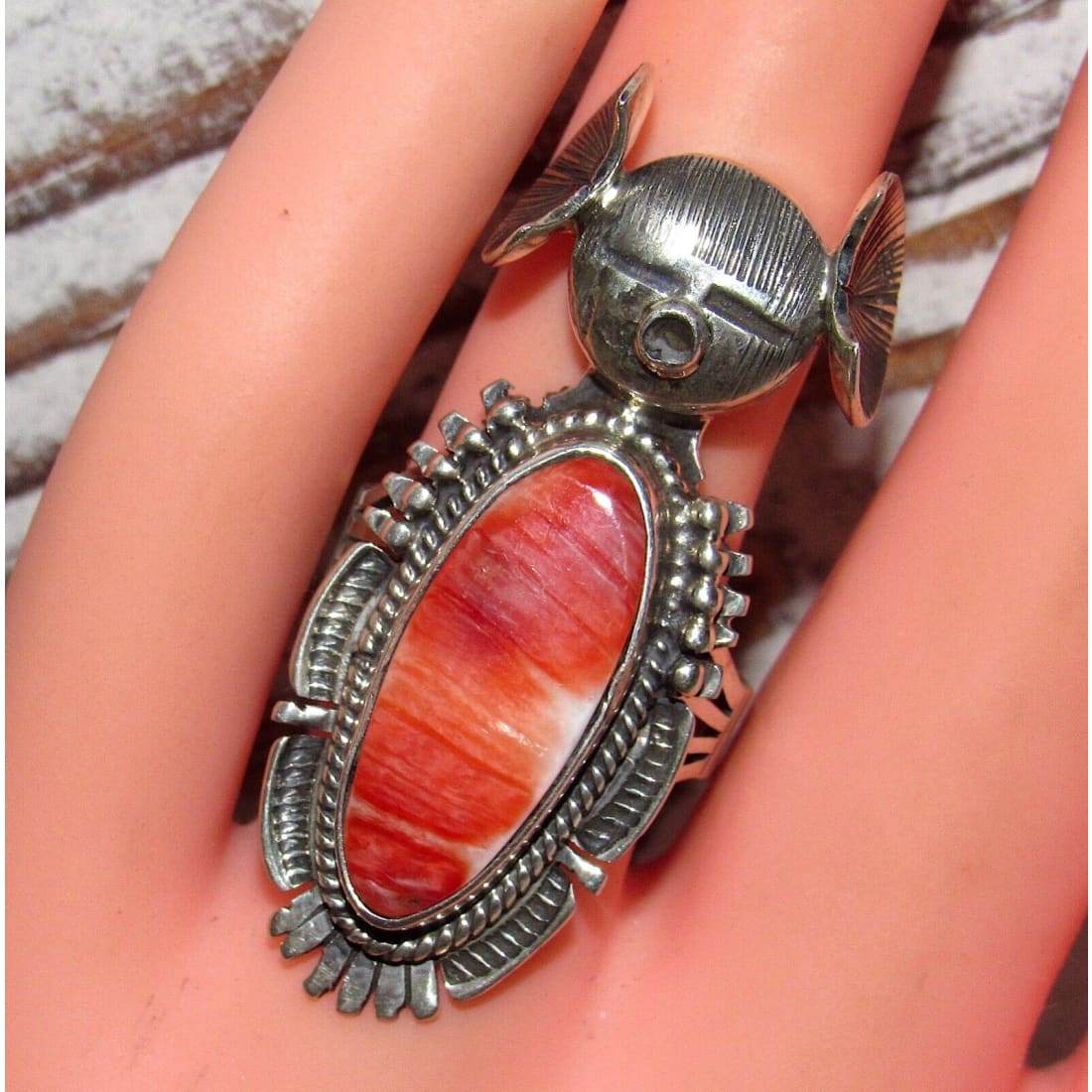 Navajo Kachina Ring Sz 8 Spiny Oyster Sterling Bennie Ration