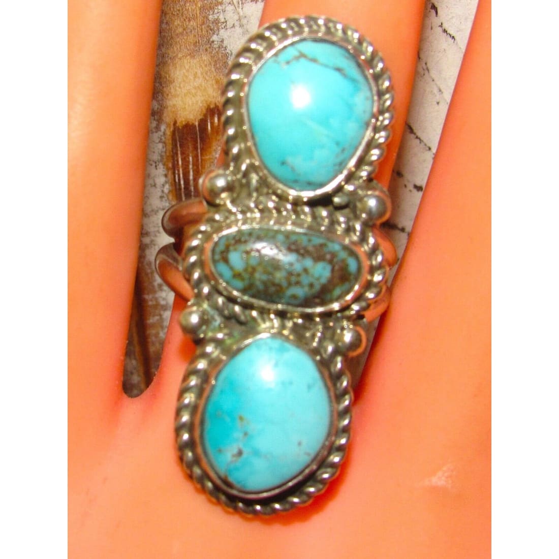 Navajo Kingman & Number 8 Turquoise Ring Sz 7.5 Sterling 