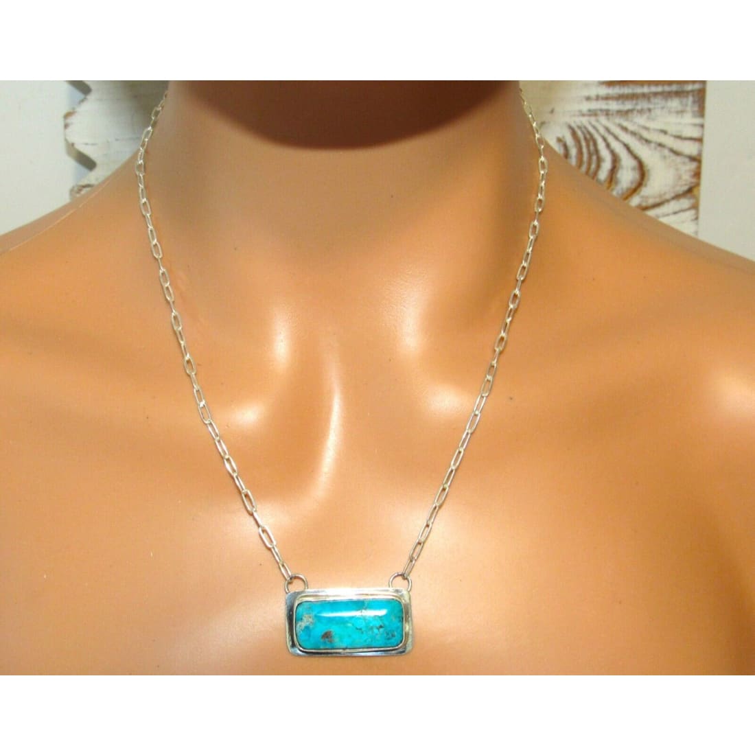 Navajo Kingman Turquoise Bar Necklace Sterling Silver Native