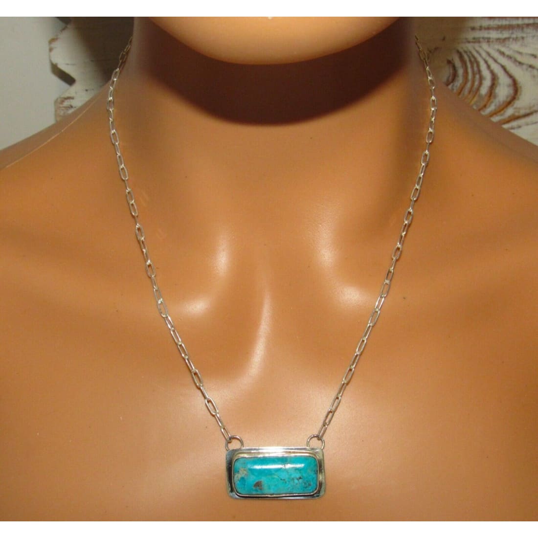 Navajo Kingman Turquoise Bar Necklace Sterling Silver Native
