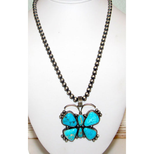 Navajo Kingman Turquoise Butterfly Necklace Sterling Turquoise Navajo Pearls 52G The Southwestern Style Gallery