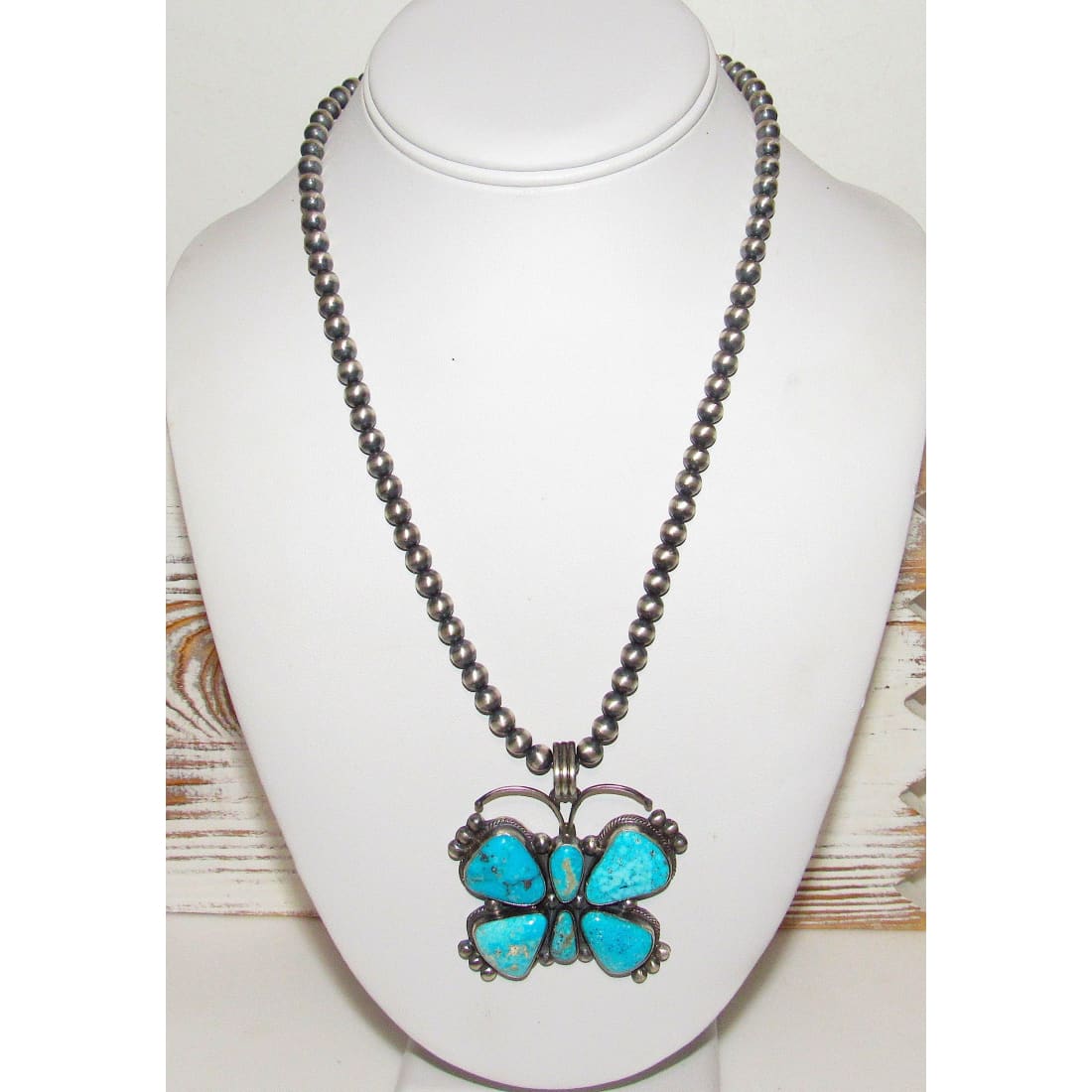 Navajo Kingman Turquoise Butterfly Necklace Sterling Turquoise Navajo Pearls 52G The Southwestern Style Gallery