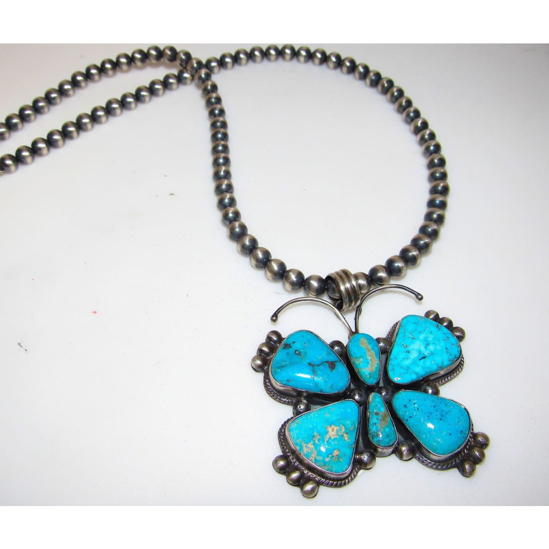 Navajo Kingman Turquoise Butterfly Necklace Sterling Turquoise Navajo Pearls 52G The Southwestern Style Gallery