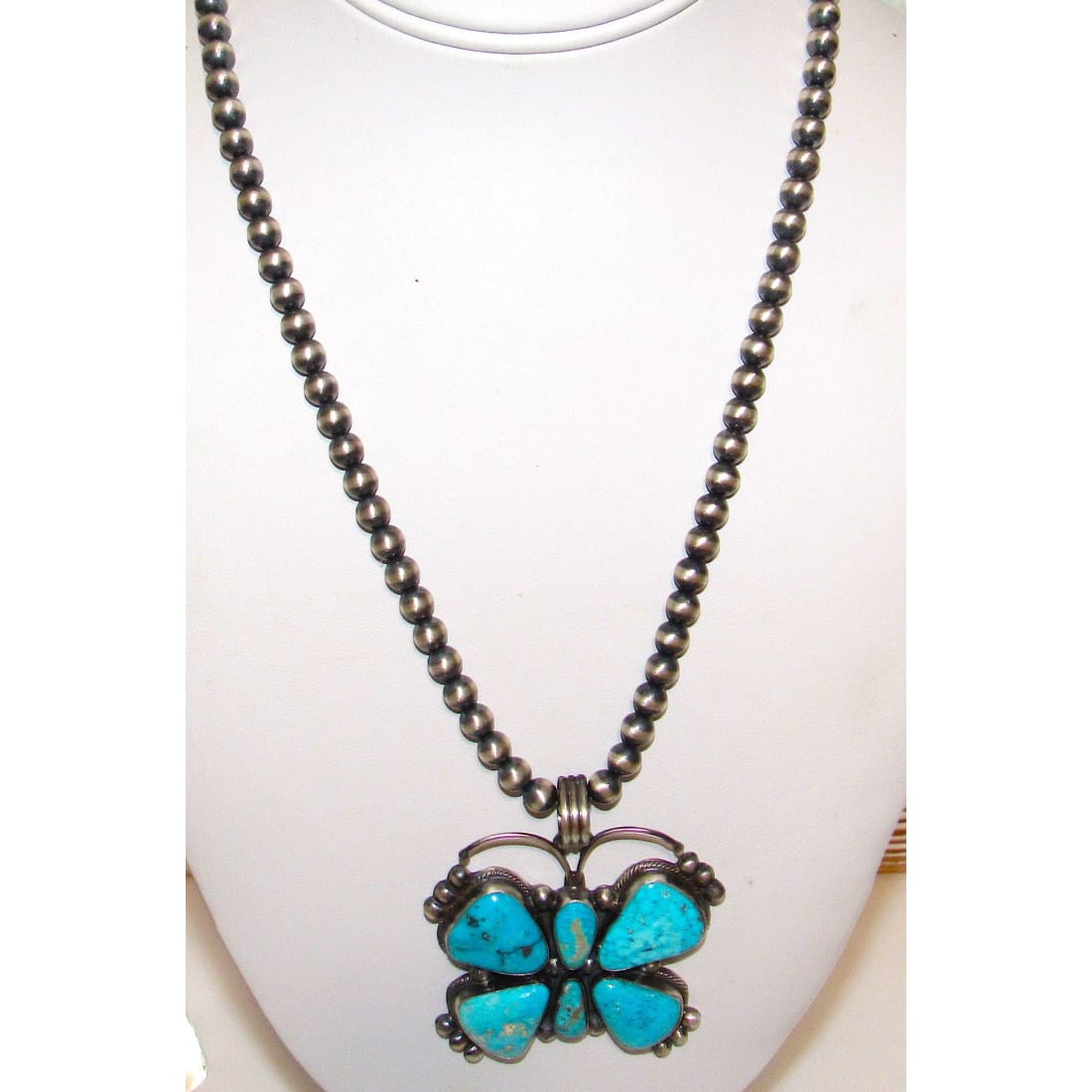 Navajo Kingman Turquoise Butterfly Necklace Sterling Turquoise Navajo Pearls 52G The Southwestern Style Gallery