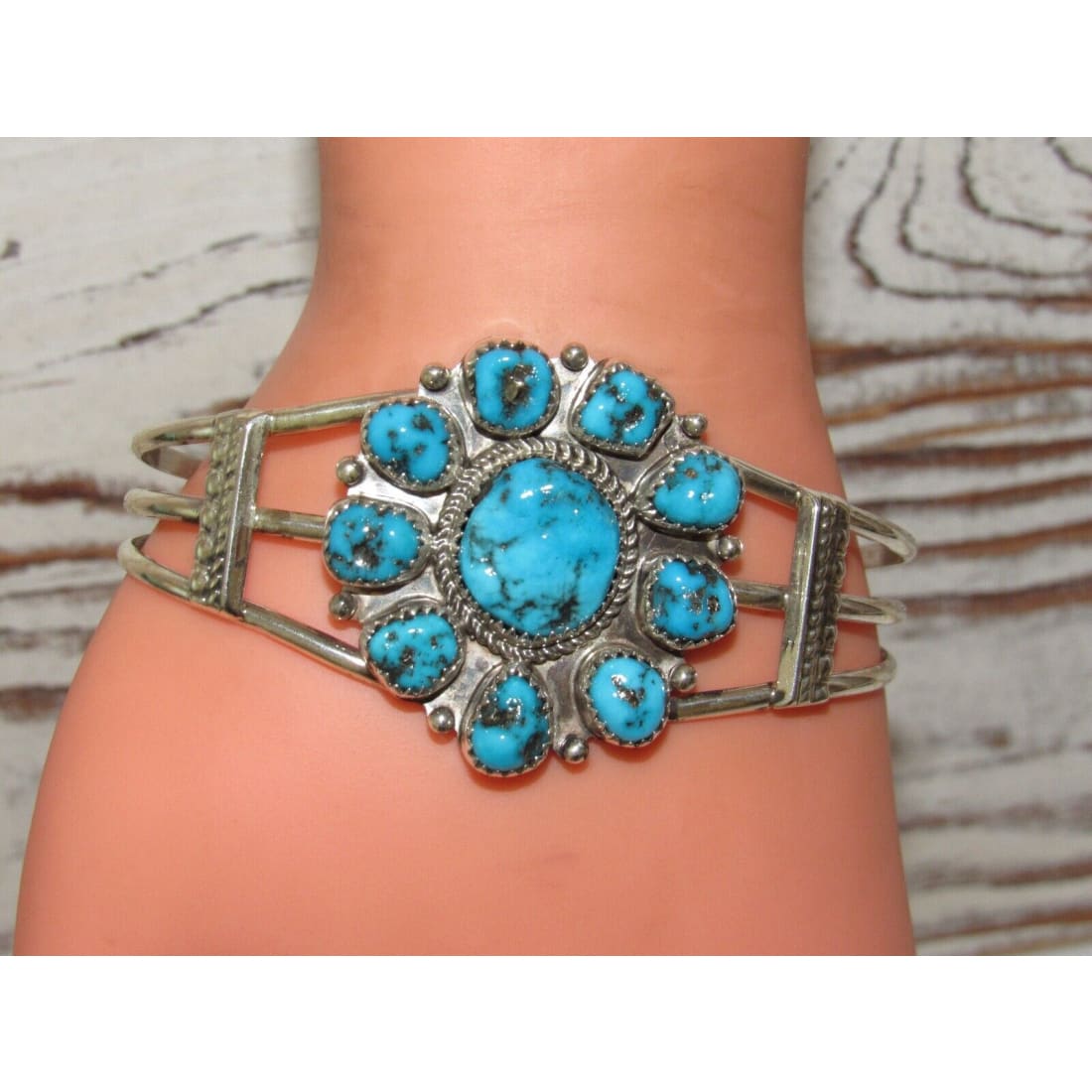 Navajo Kingman Turquoise Cluster Cuff Bracelet Sterling