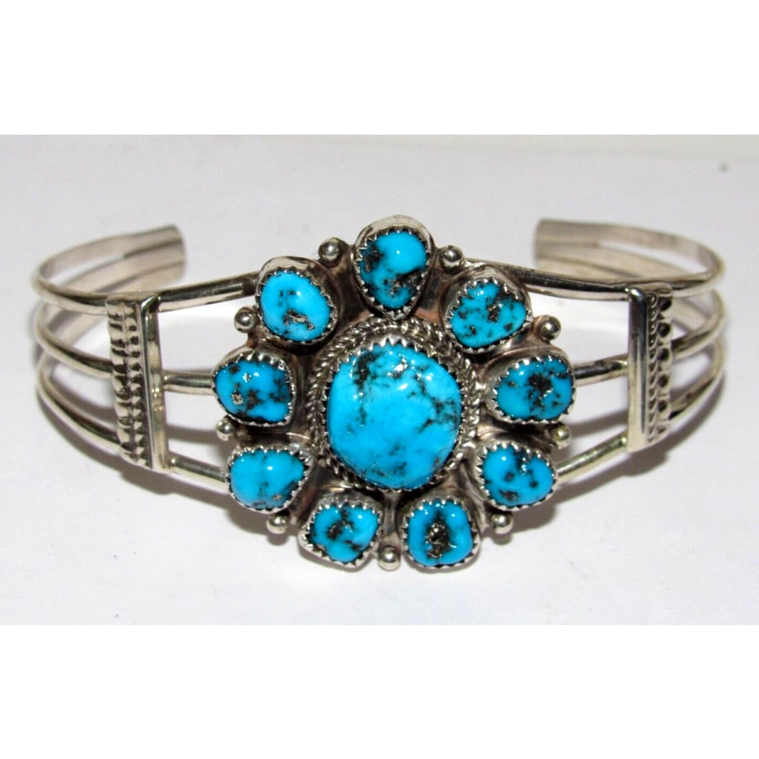 Navajo Kingman Turquoise Cluster Cuff Bracelet Sterling