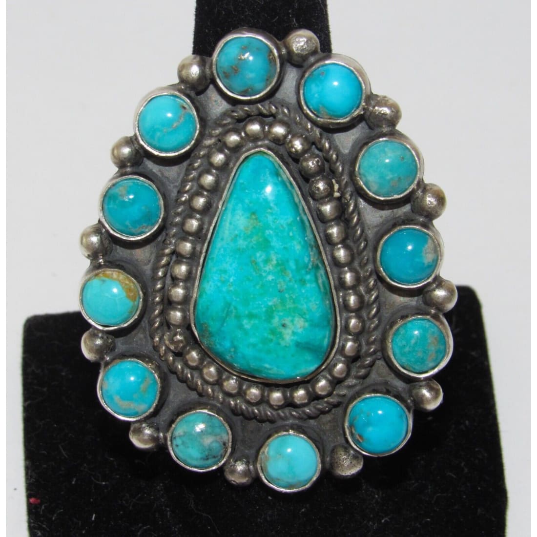 Navajo Kingman Turquoise Cluster Ring Sterling Silver Sz 8
