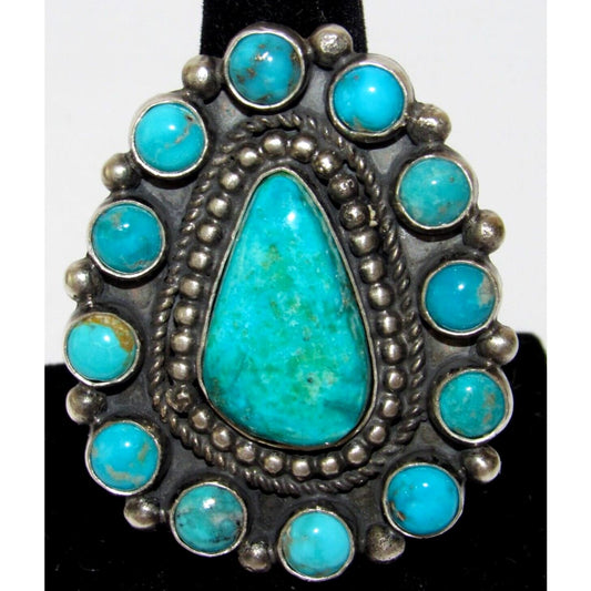 Navajo Kingman Turquoise Cluster Ring Sterling Silver Sz 8