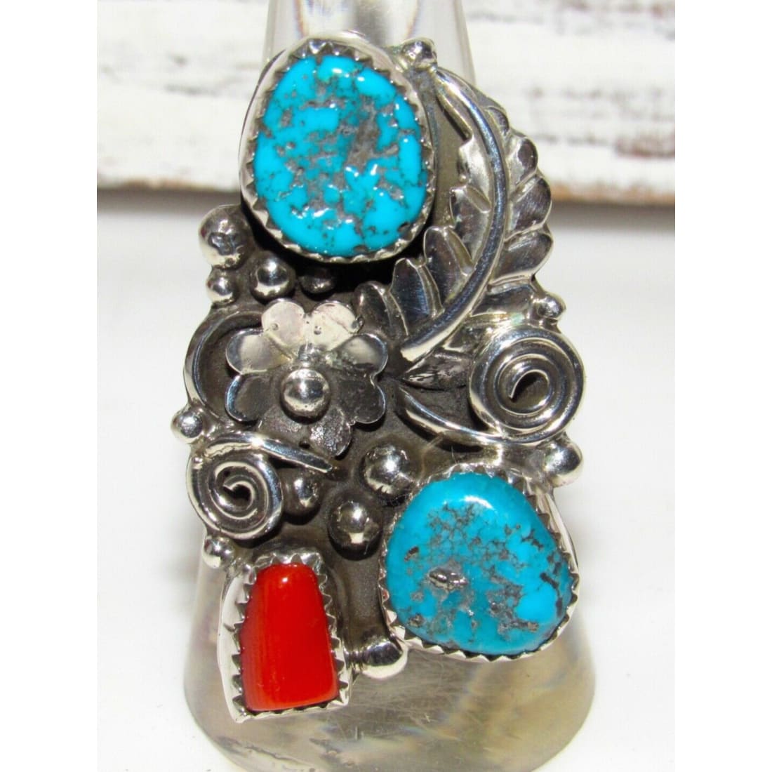Navajo Kingman Turquoise Coral Ring Sz 8.5 Sterling Native American Signed Native American