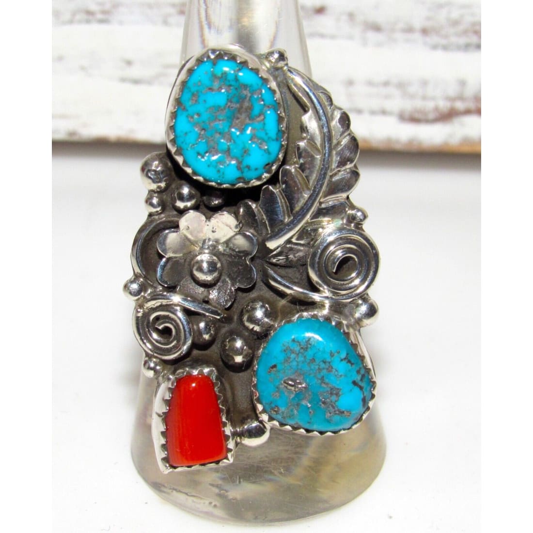 Navajo Kingman Turquoise Coral Ring Sz 8.5 Sterling Native American Signed Native American