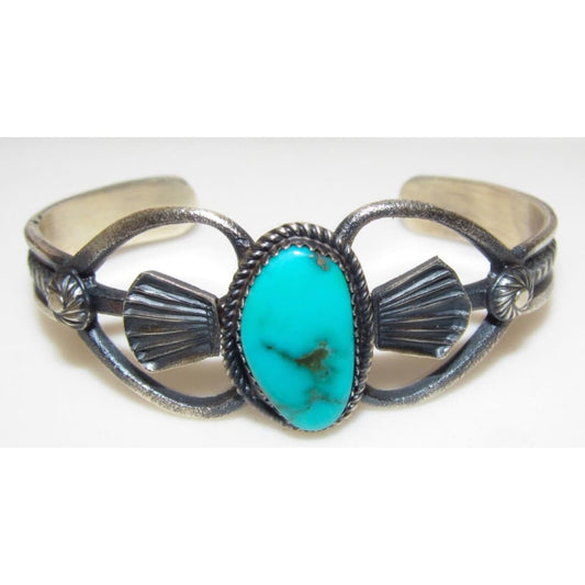 Navajo Kingman Turquoise Cuff Bracelet Sand Cast Sterling Silver K Billah Native American