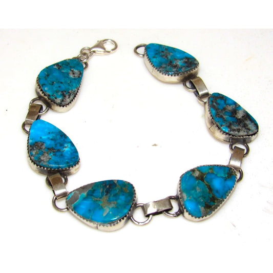 Navajo Kingman Turquoise Link Bracelet Sterling Silver 