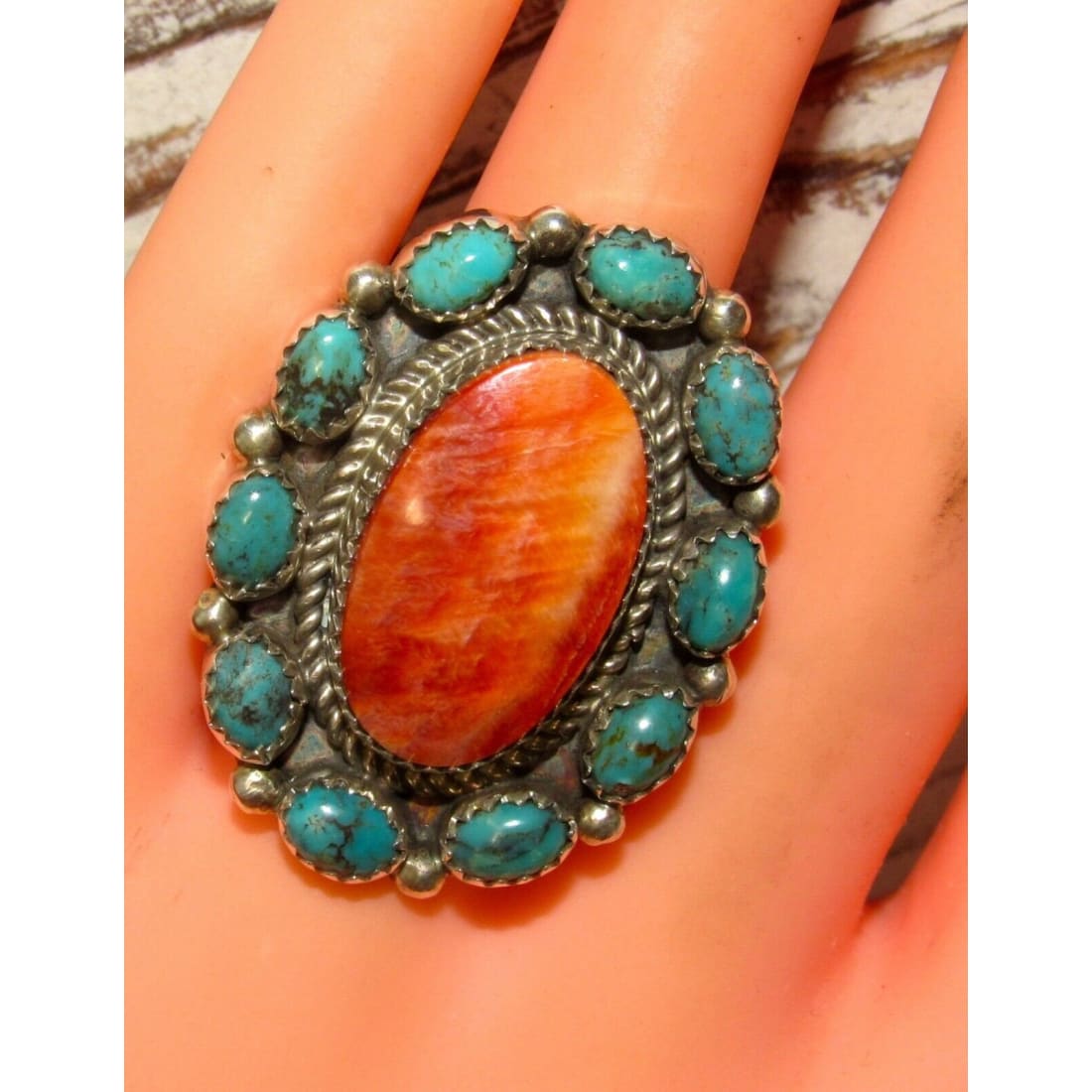 Navajo Kingman Turquoise Orange Spiny Cluster Ring Sz 8 Sterling Native Signed The Southwestern Style Gallery