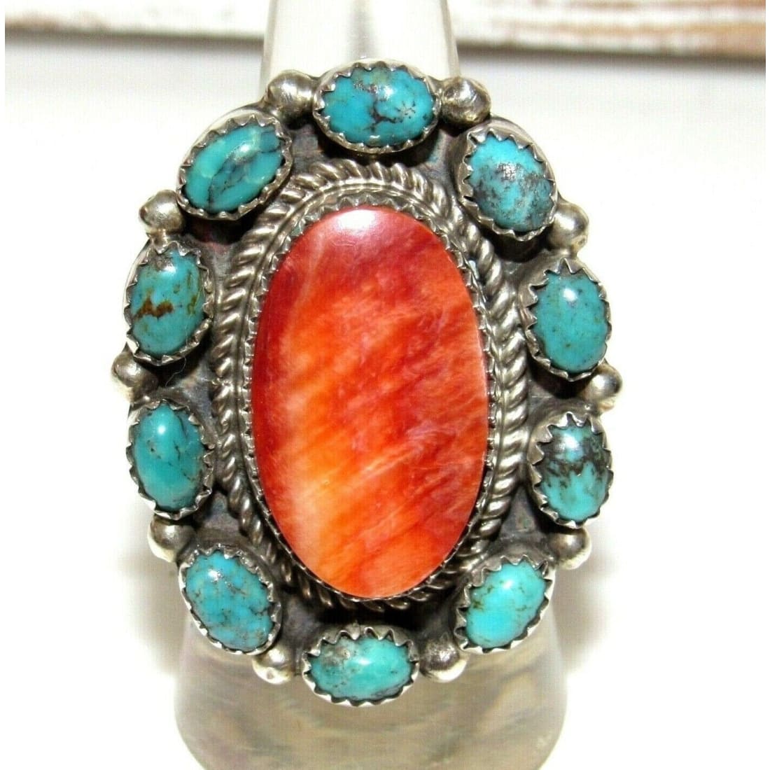 Navajo Kingman Turquoise Orange Spiny Cluster Ring Sz 8 Sterling Native Signed The Southwestern Style Gallery