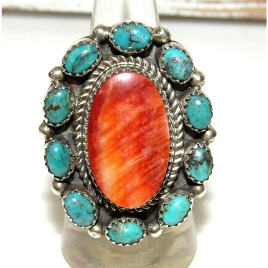 Navajo Kingman Turquoise Orange Spiny Cluster Ring Sz 8 Sterling Native Signed The Southwestern Style Gallery