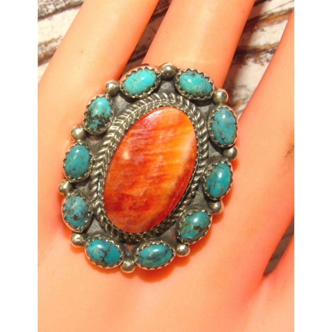 Navajo Kingman Turquoise Orange Spiny Cluster Ring Sz 8 Sterling Native Signed The Southwestern Style Gallery