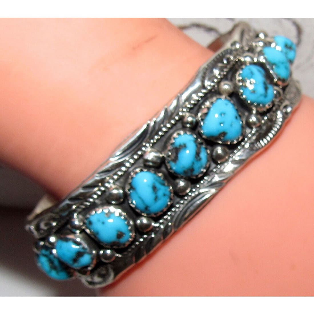 Navajo Kingman Turquoise Row Cuff Bracelet Sterling Silver 