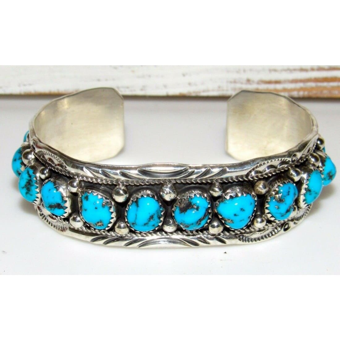 Navajo Kingman Turquoise Row Cuff Bracelet Sterling Silver 