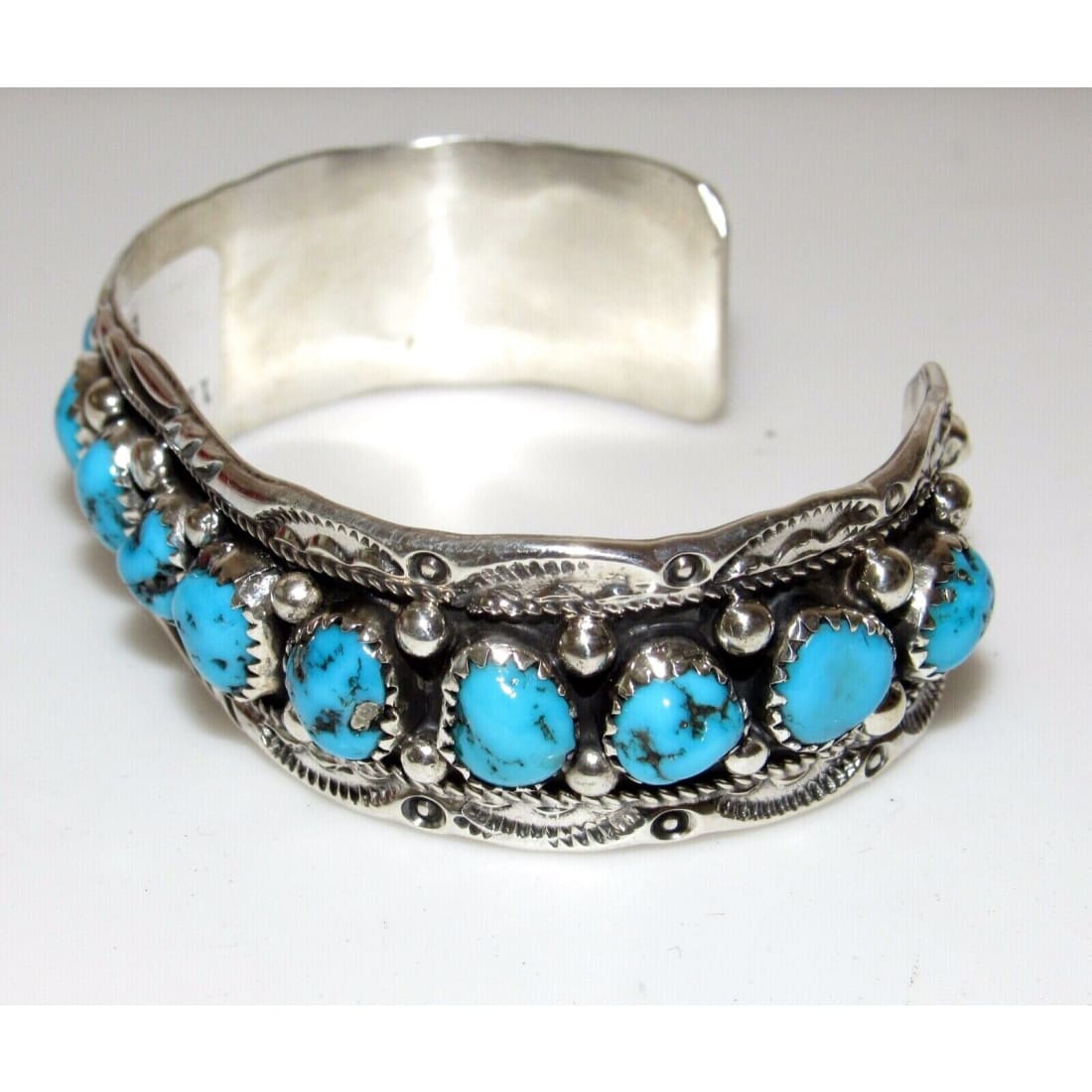 Navajo Kingman Turquoise Row Cuff Bracelet Sterling Silver 