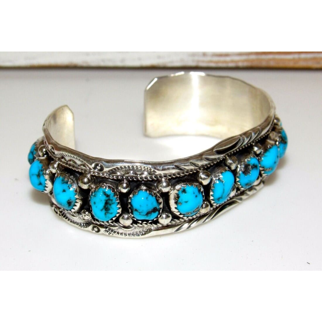 Navajo Kingman Turquoise Row Cuff Bracelet Sterling Silver 