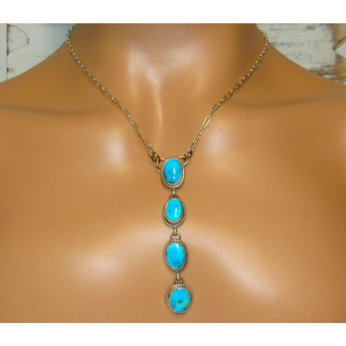 Navajo Kingman Turquoise Small Lariat Necklace Sterling