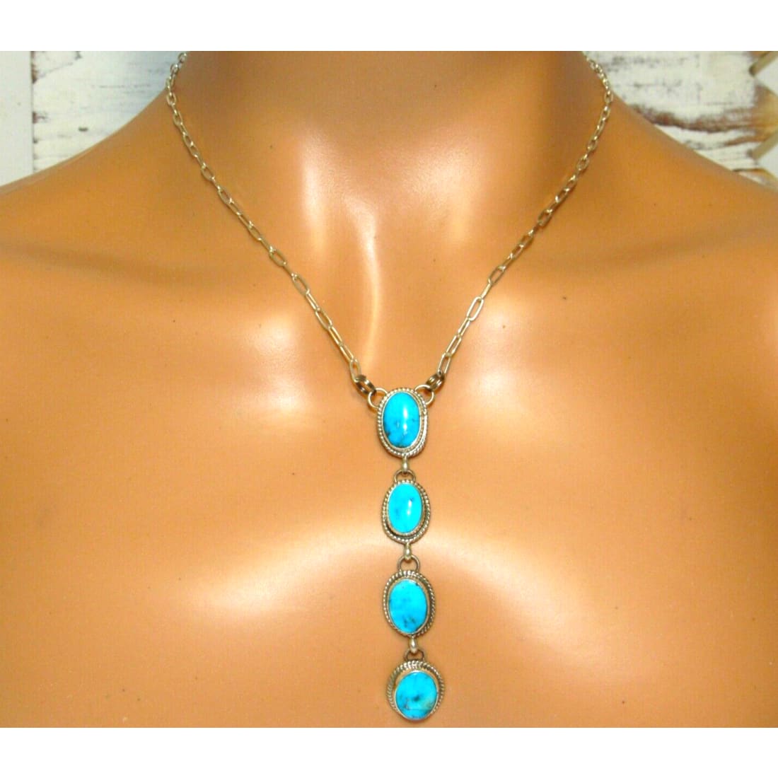 Navajo Kingman Turquoise Small Lariat Necklace Sterling