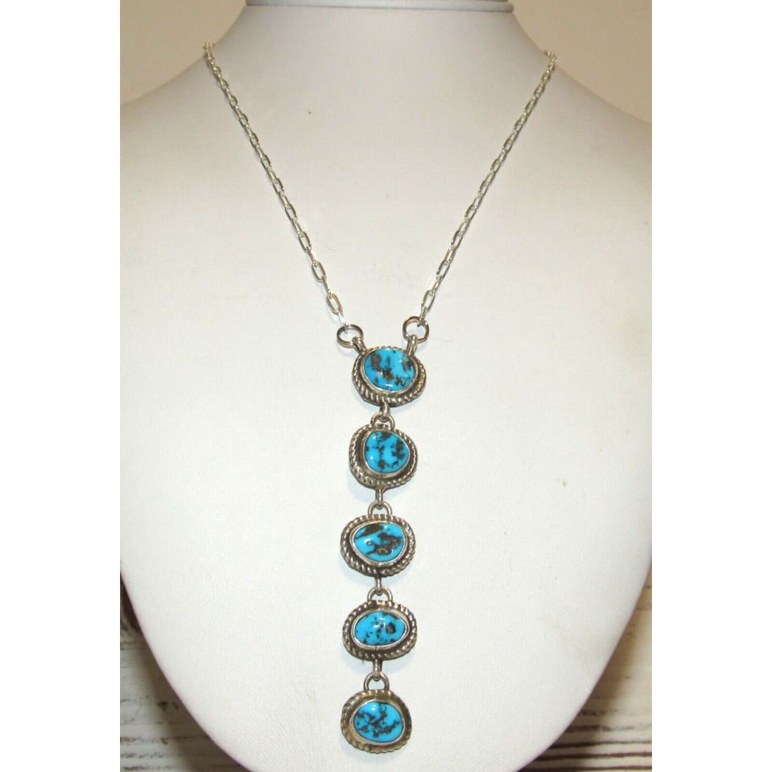 Navajo Kingman Turquoise Small Lariat Necklace Sterling 