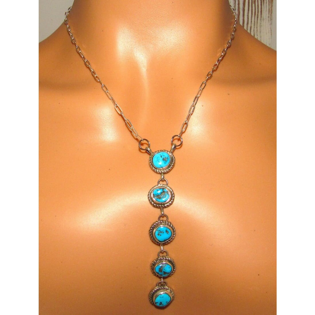 Navajo Kingman Turquoise Small Lariat Necklace Sterling