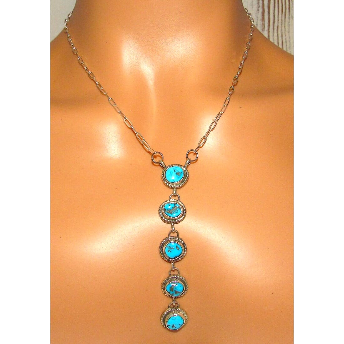 Navajo Kingman Turquoise Small Lariat Necklace Sterling