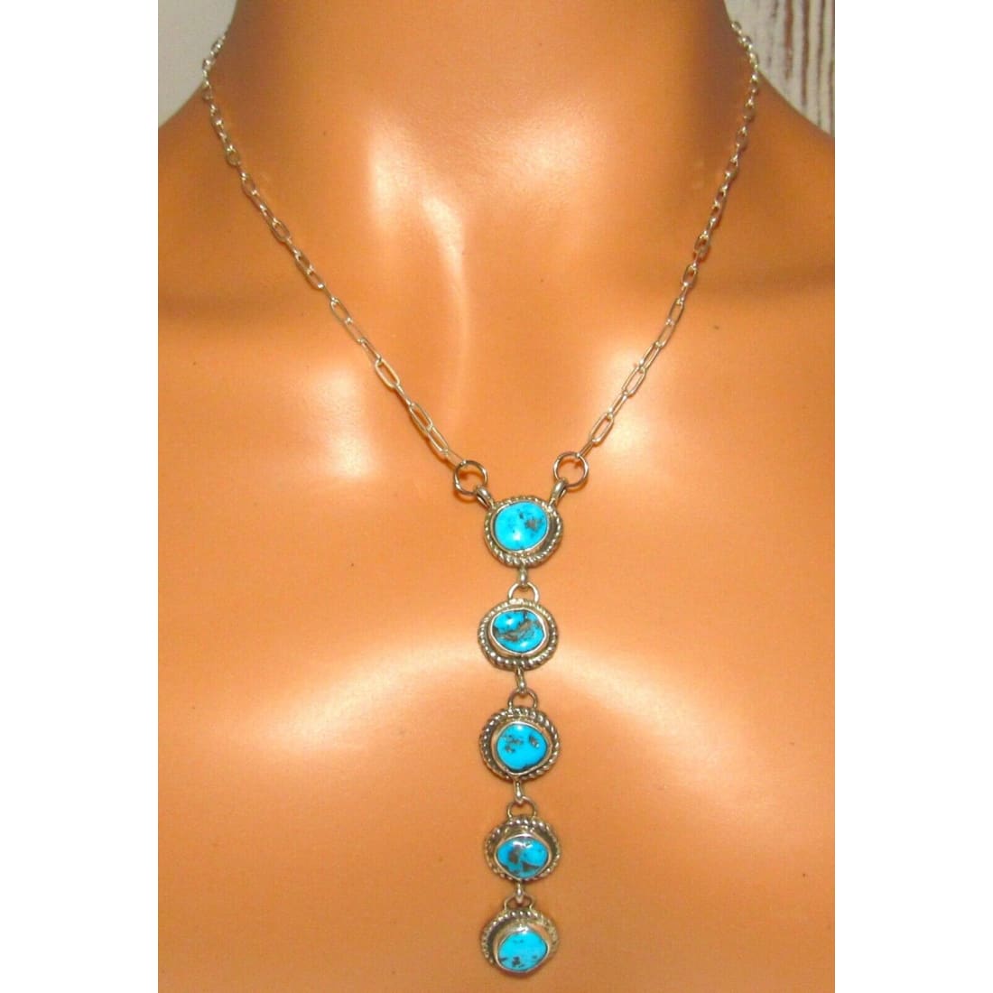Navajo Kingman Turquoise Small Lariat Necklace Sterling