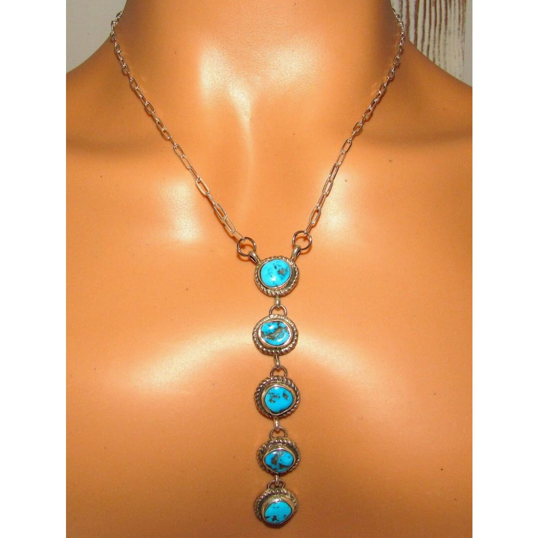Navajo Kingman Turquoise Small Lariat Necklace Sterling
