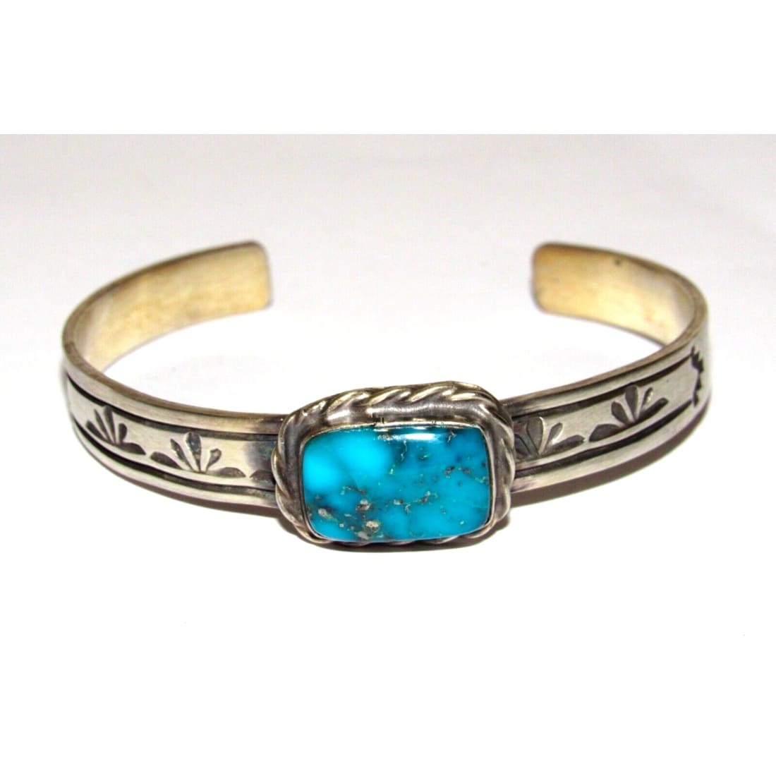 Navajo Kingman Turquoise Stacker Cuff Sterling Hand Etched