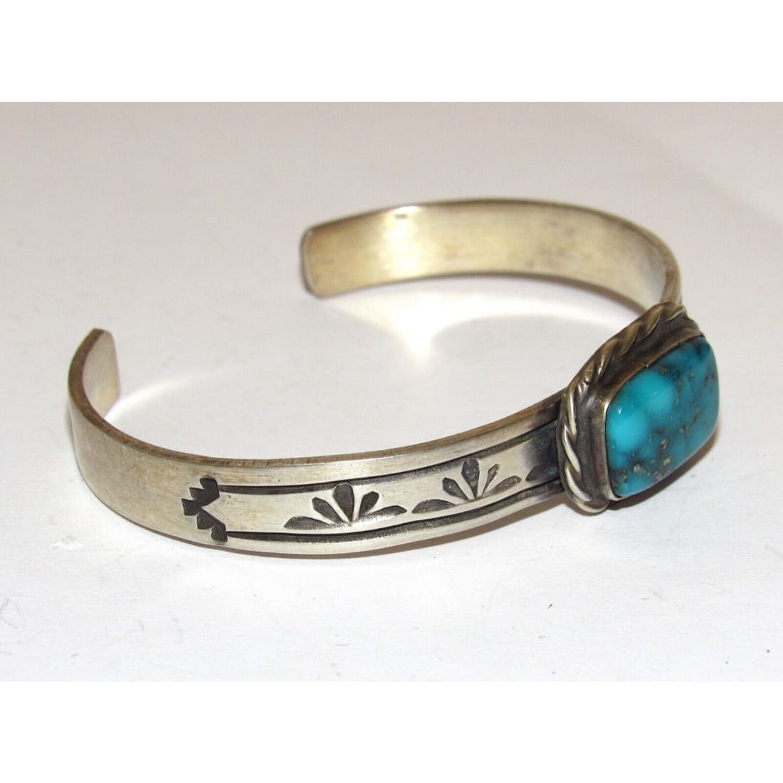 Navajo Kingman Turquoise Stacker Cuff Sterling Hand Etched