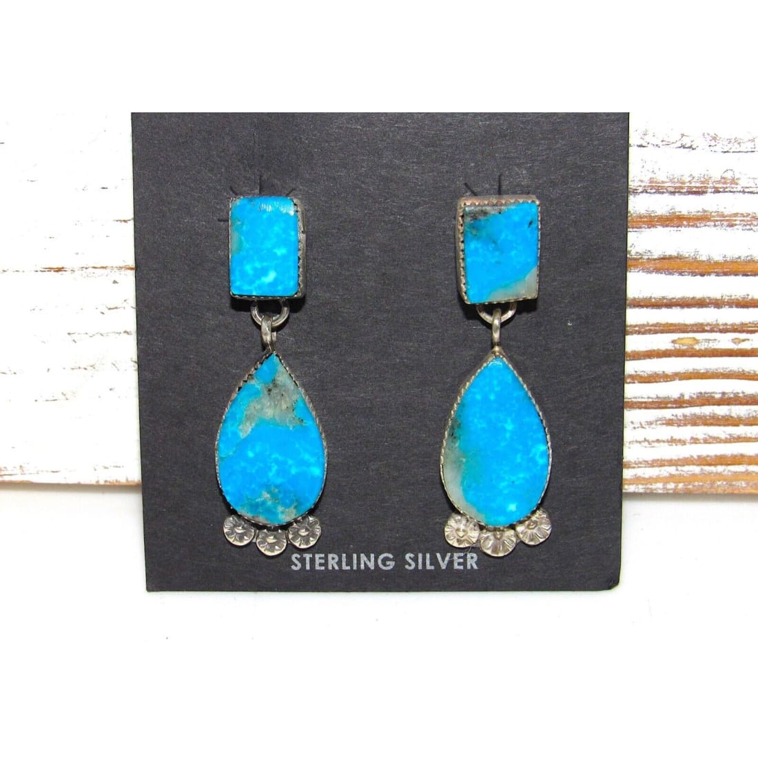 Navajo Kingman Turquoise Sterling Silver Dangle Earrings Native American Signed Native American