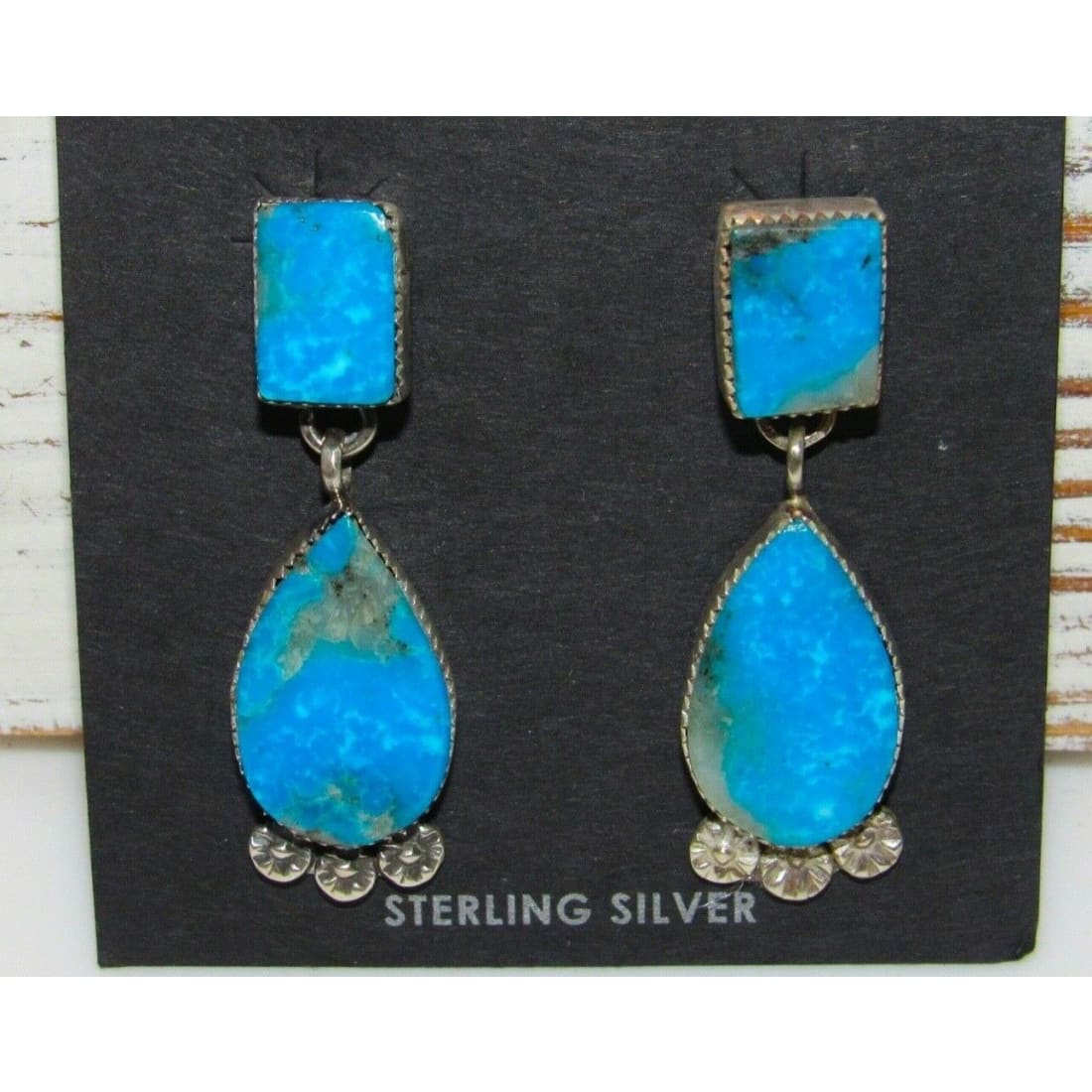 Navajo Kingman Turquoise Sterling Silver Dangle Earrings Native American Signed Native American