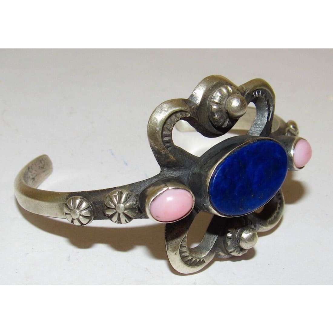 Navajo Lapis Pink Shell Cuff Bracelet Sterling Silver