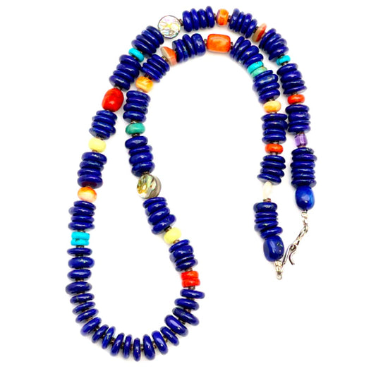 Navajo Lapis Sterling Beaded Heishi Necklace MultiColored 