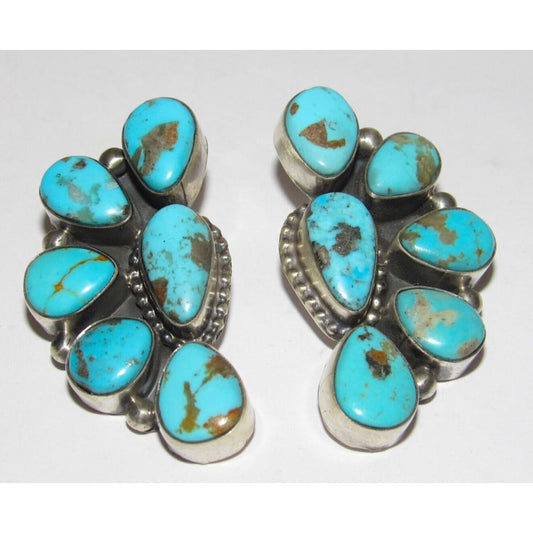 Navajo Large Turquoise Half Cluster Post Earrings Sterling 