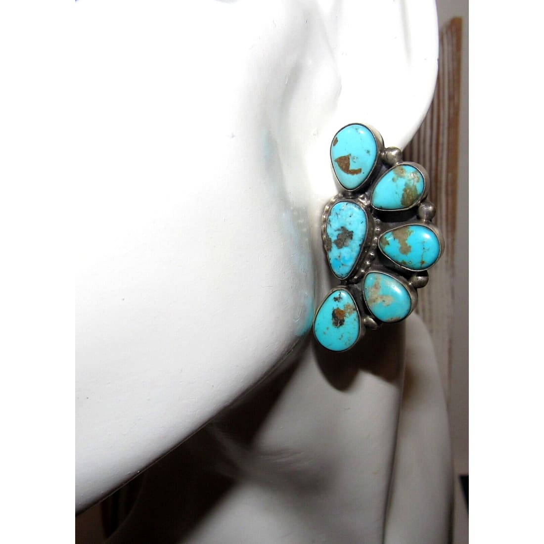 Navajo Large Turquoise Half Cluster Post Earrings Sterling 
