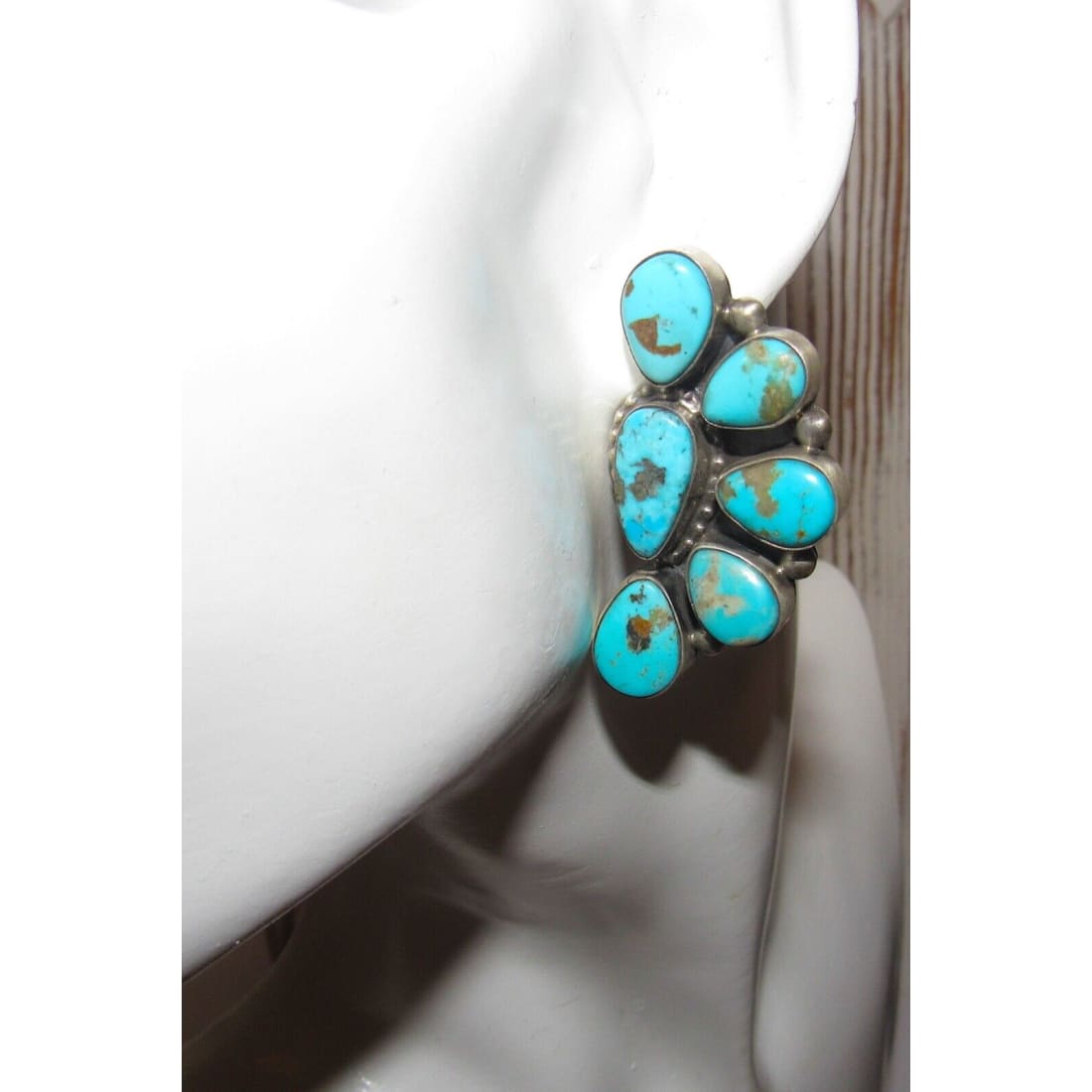 Navajo Large Turquoise Half Cluster Post Earrings Sterling 