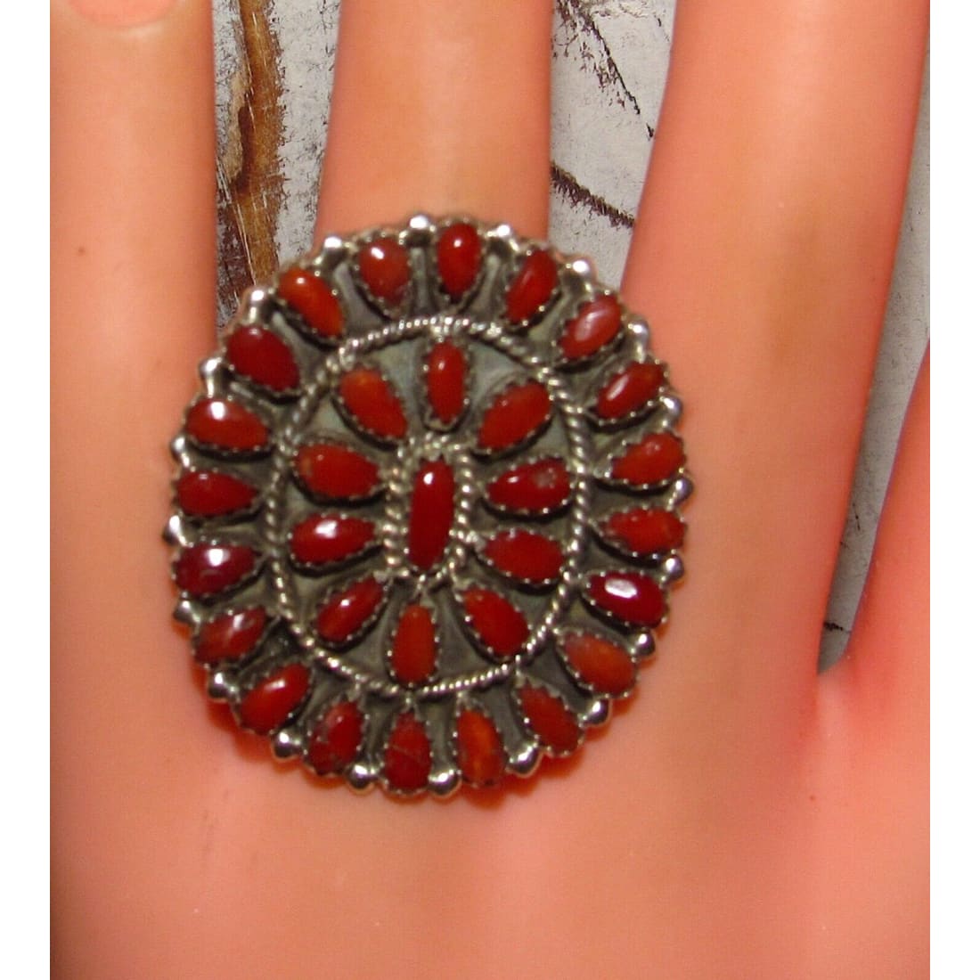 Navajo Mediterranean Coral Cluster Ring Sz 8 Sterling Silver