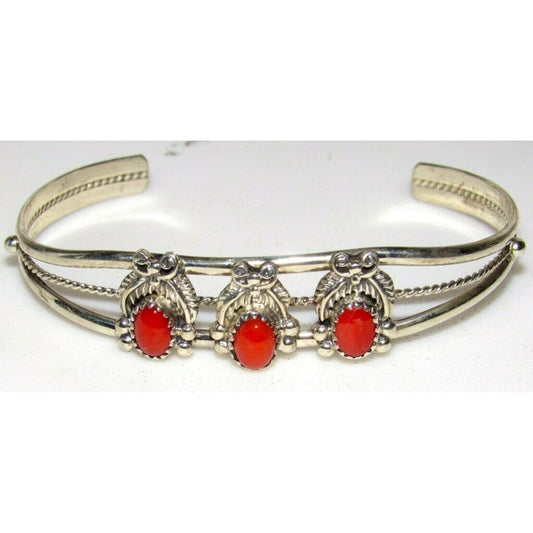 Navajo Mediterranean Coral Cuff Bracelet Sterling Silver 