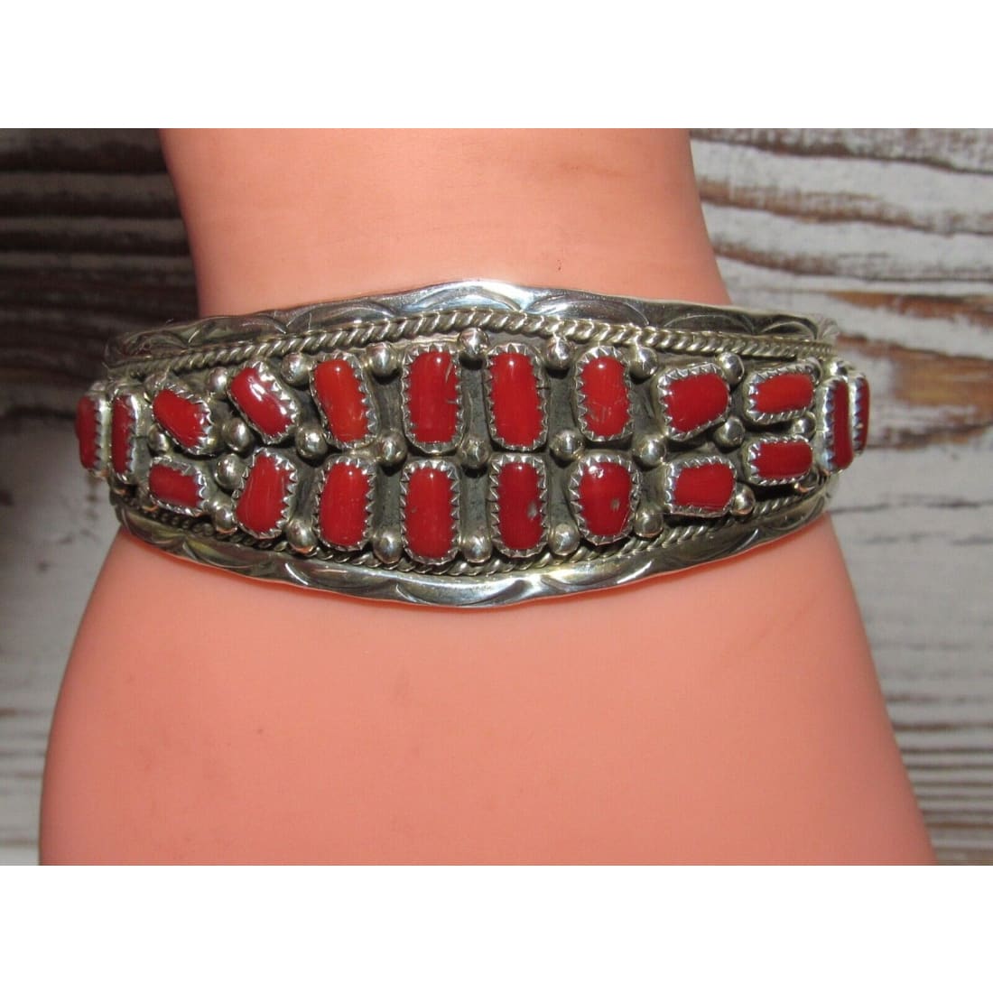 Navajo Mediterranean Coral Cuff Bracelet Sterling Silver 