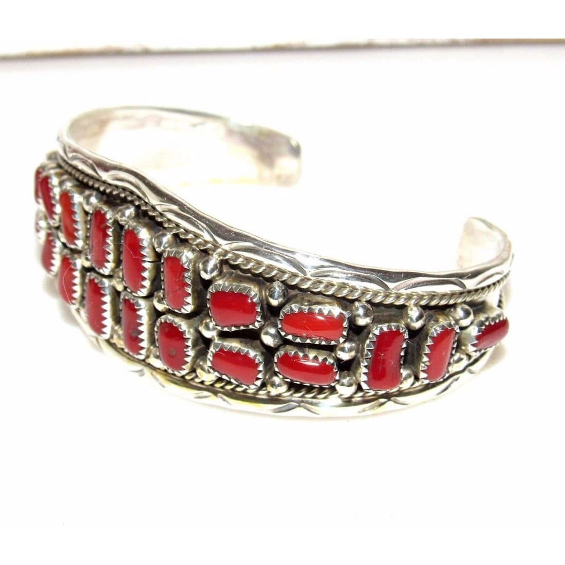 Navajo Mediterranean Coral Cuff Bracelet Sterling Silver 