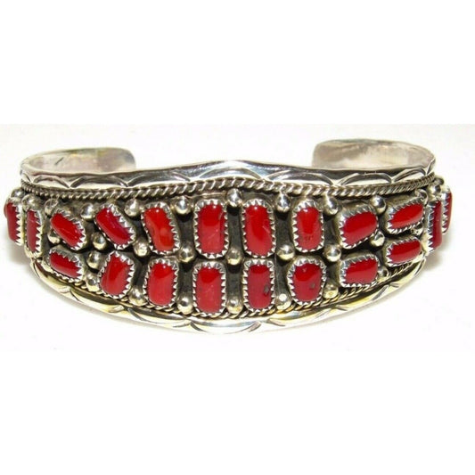 Navajo Mediterranean Coral Cuff Bracelet Sterling Silver 