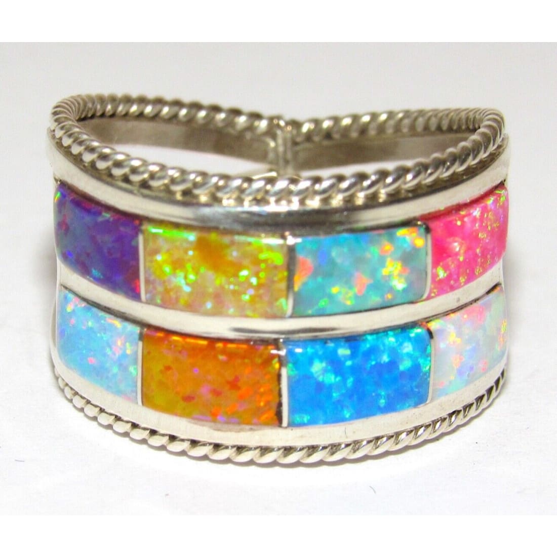Navajo Multi Color Opal Inlay Ring Size 7.5 Sterling Silver