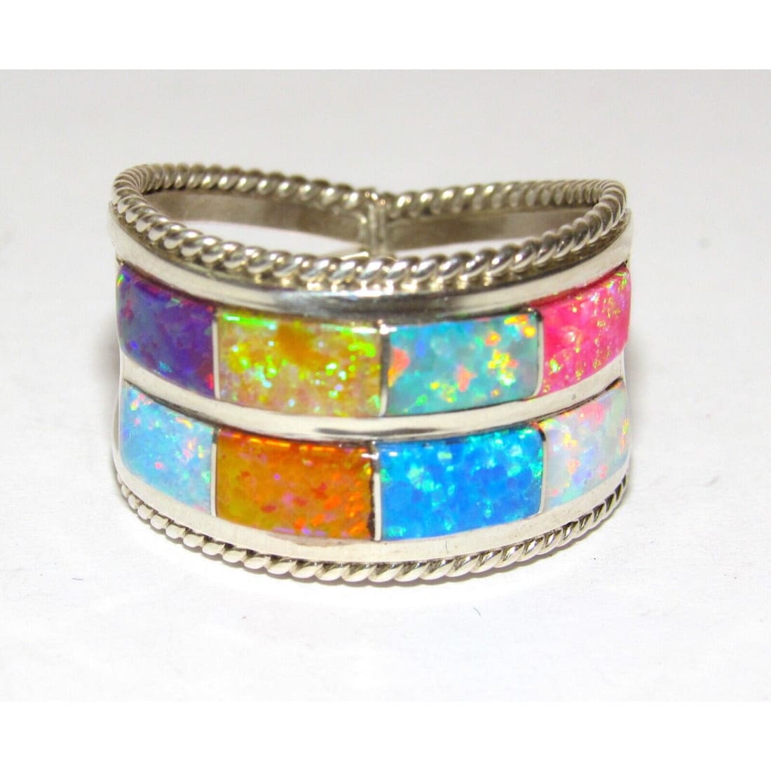 Navajo Multi Color Opal Inlay Ring Size 7.5 Sterling Silver